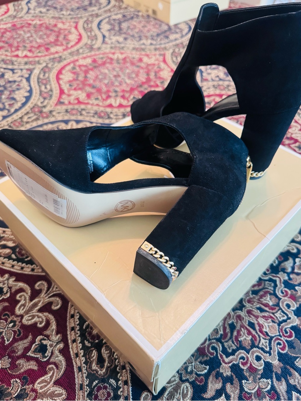 MICHAEL Michael Kors Black Suede Block Heel Sandals with Gold Chain Accent - Picture 6 of 8